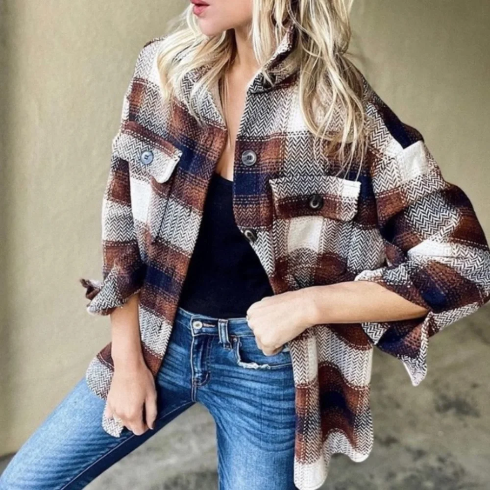 Fall Plaid Flannel Oversized Shacket Shirt Jacket - Picture 1 of 13